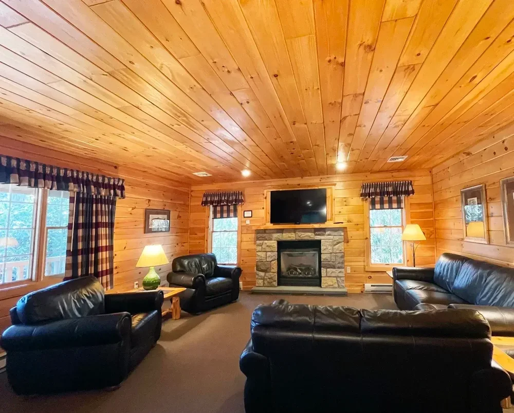 Hemlock Cabin 64 living room with stone fireplace at Mountain Springs Lake Resort