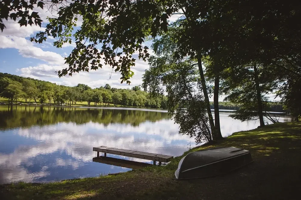 Lake view from Lakeview Cabin 3 with dock and reflected trees
