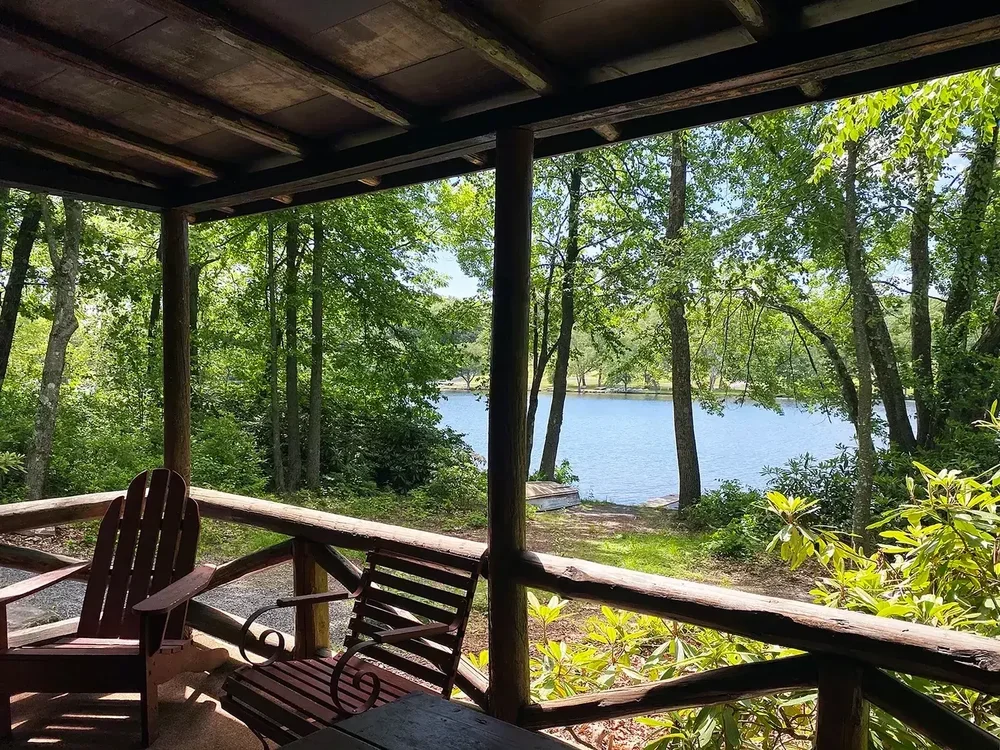 Lakeview Cabin 24 covered porch with Adirondack chairs and lake view
