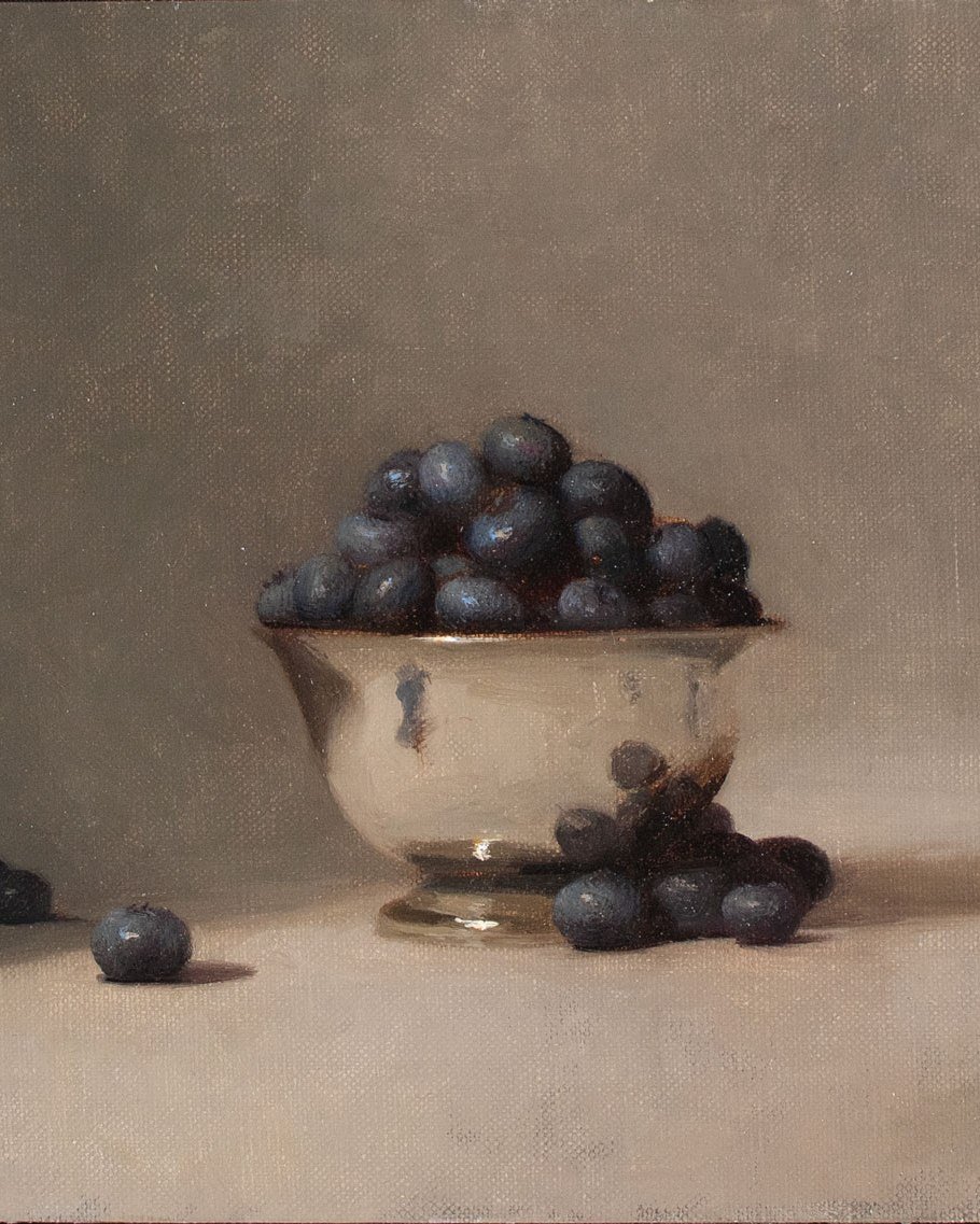 Blueberries And Silver Bowl, by Dale Zinkowski, Oil on panel