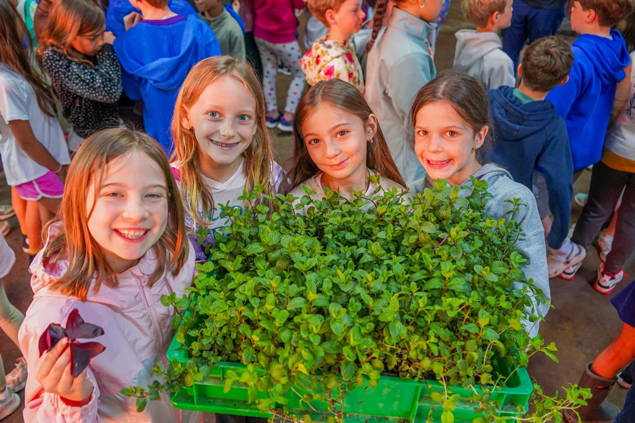 A group of visitors smiling on a farm tour at Area 2 Farms