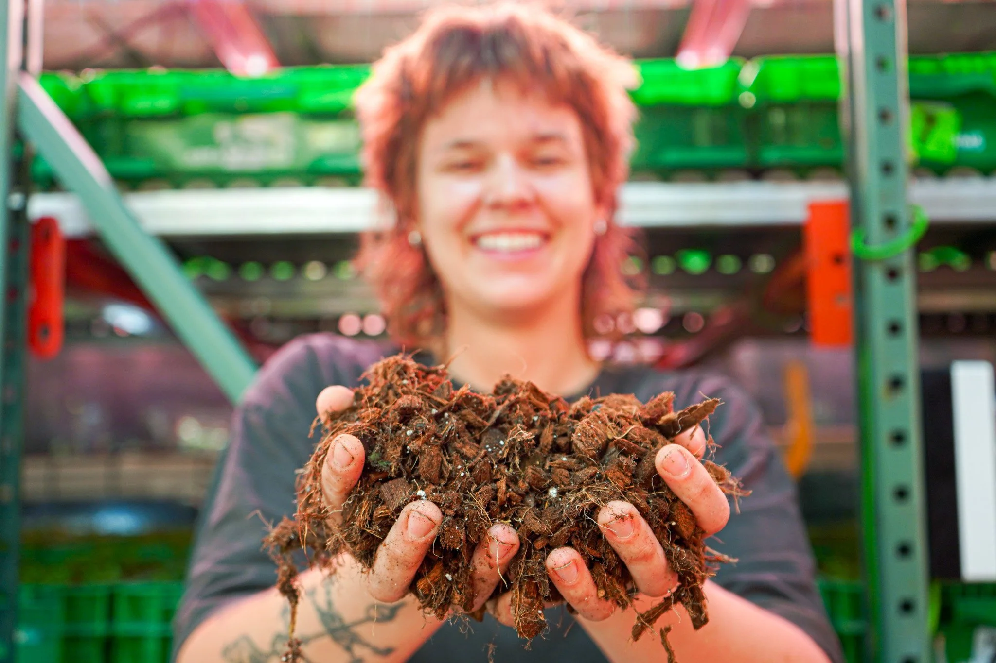 A grower holding a handful of living soil in the grow room