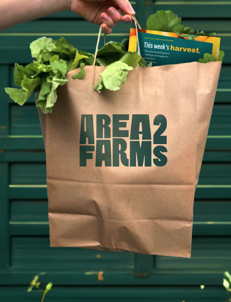 An Area 2 Farms paper bag filled with fresh greens and a harvest card