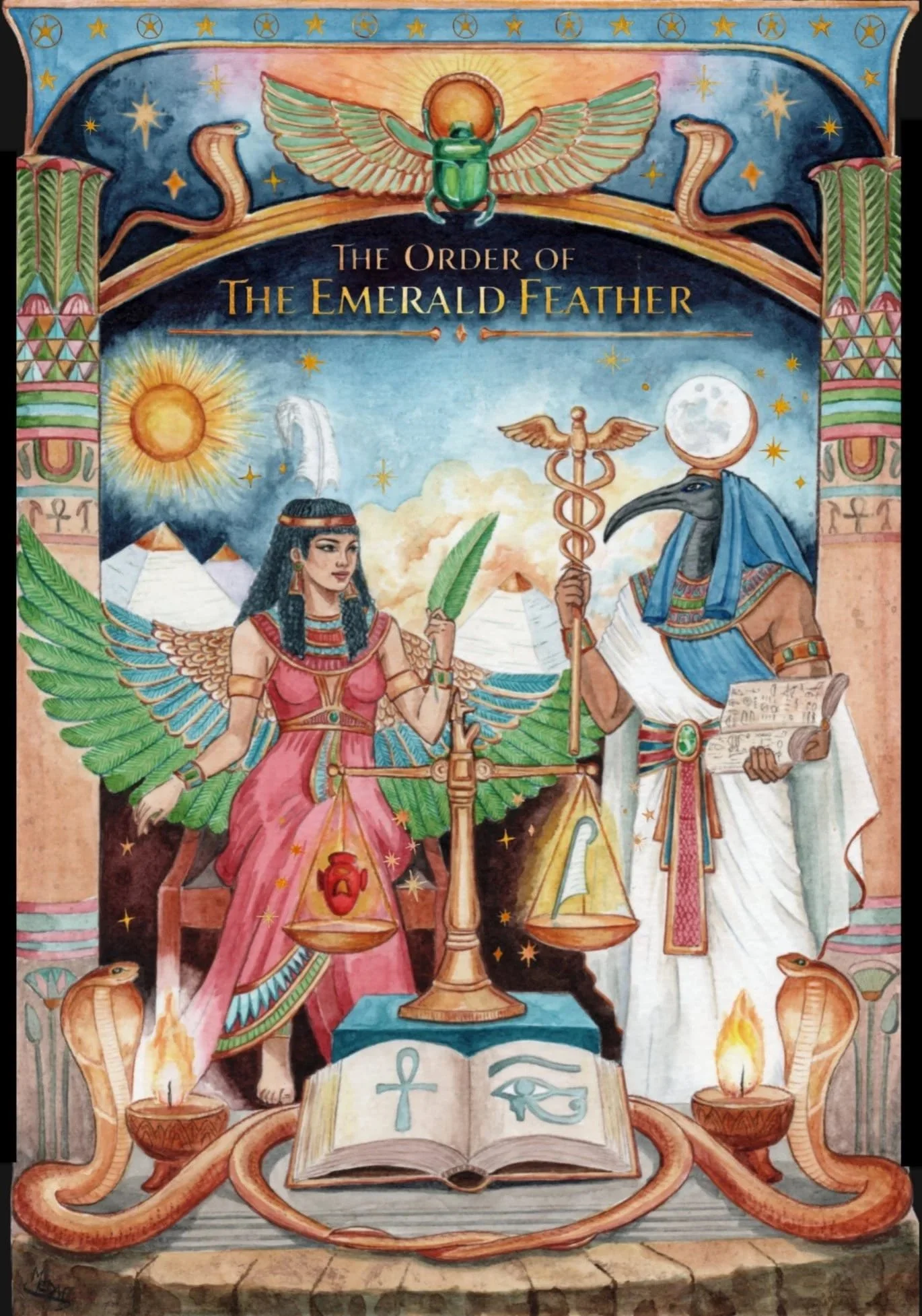 Artwork for The Order of the Emerald Feather depicting Ma’at and Djehuty with the feather, scales, ankh, pyramids, sun, and moon