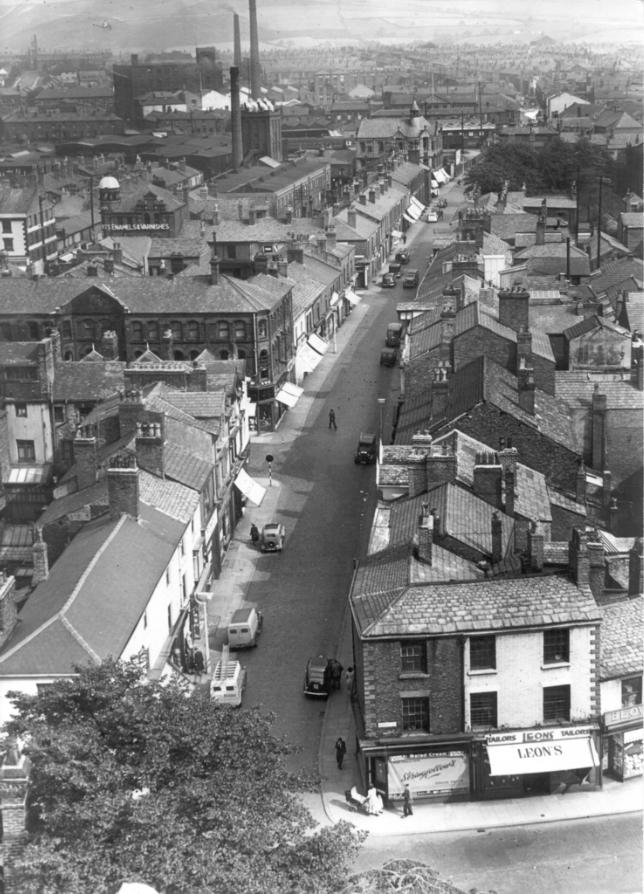 An ariel photograph of Chapel Street, Chorley taken from the roof of St. Mary's Catholic Church.