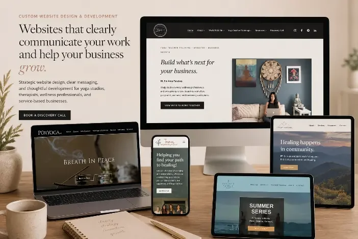 Custom website design and development portfolio mockup for yoga studios, therapists, and wellness businesses