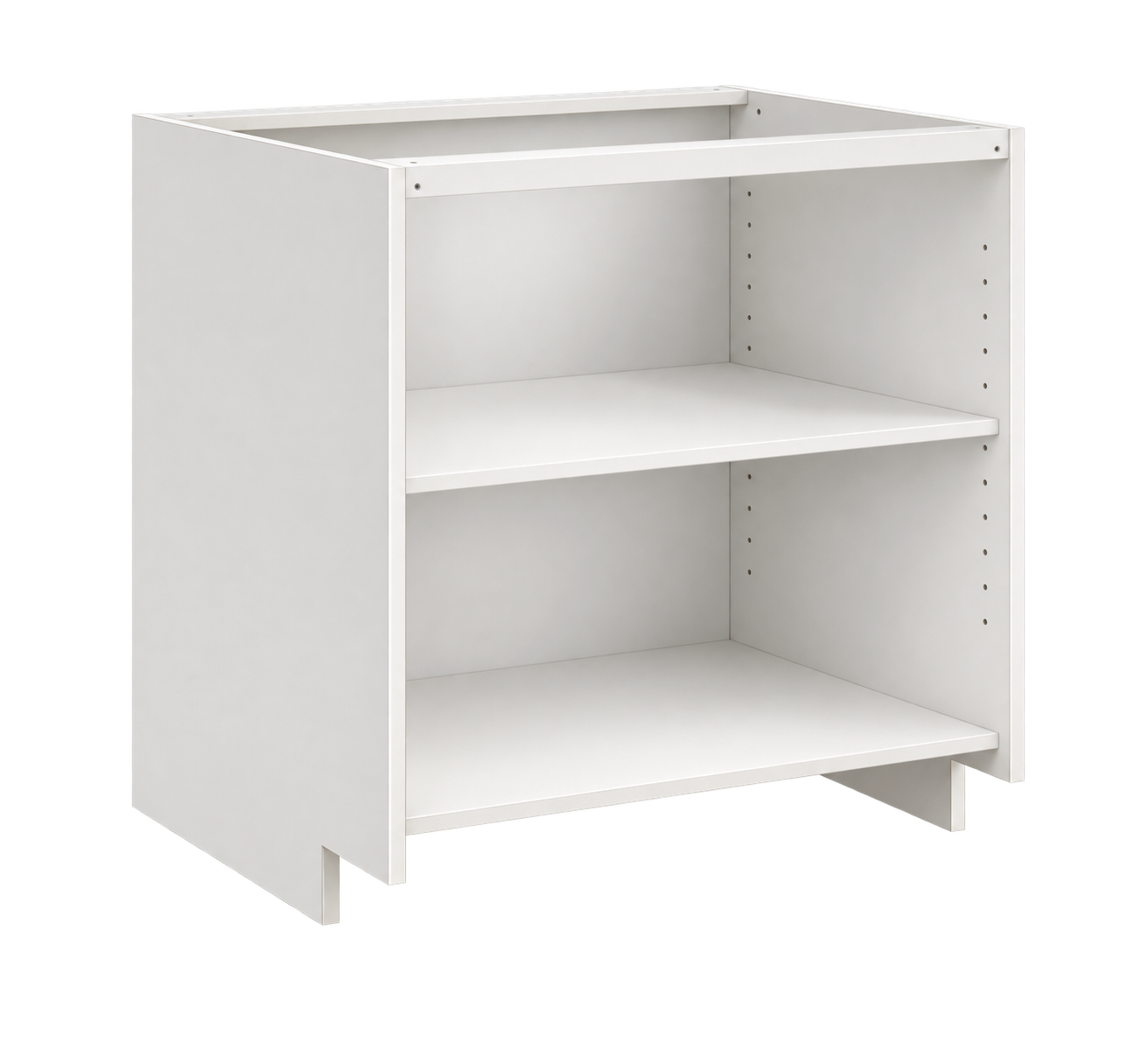 White melamine cabinet box without doors or drawer fronts, showing an adjustable shelf and recessed toe-kick notches in the side panels.