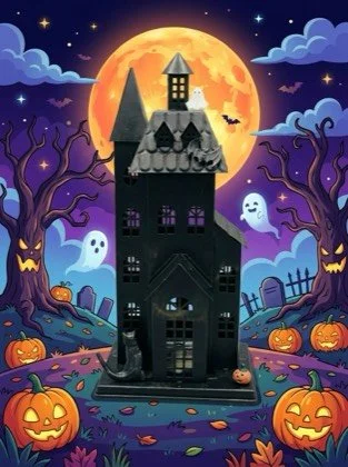 Tall black metal haunted house with a cat at the door