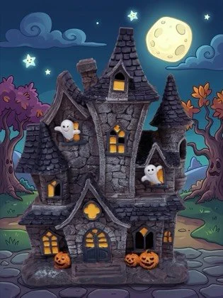 Dark stone haunted house with ghosts in the windows