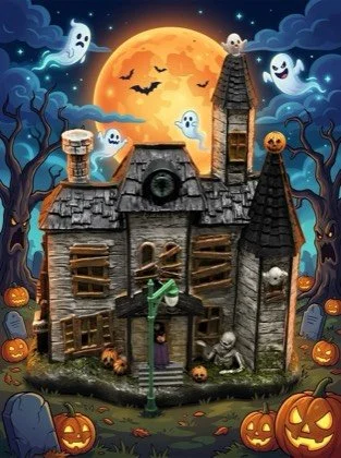 Gray haunted house with a clock window and a tower under an orange moon