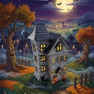 Crooked gray haunted house on a hill above a night village