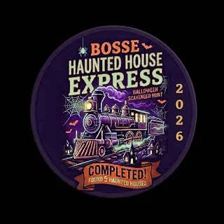 Round Bosse Haunted House Express badge with a steam locomotive and the words Completed, found 5 haunted houses