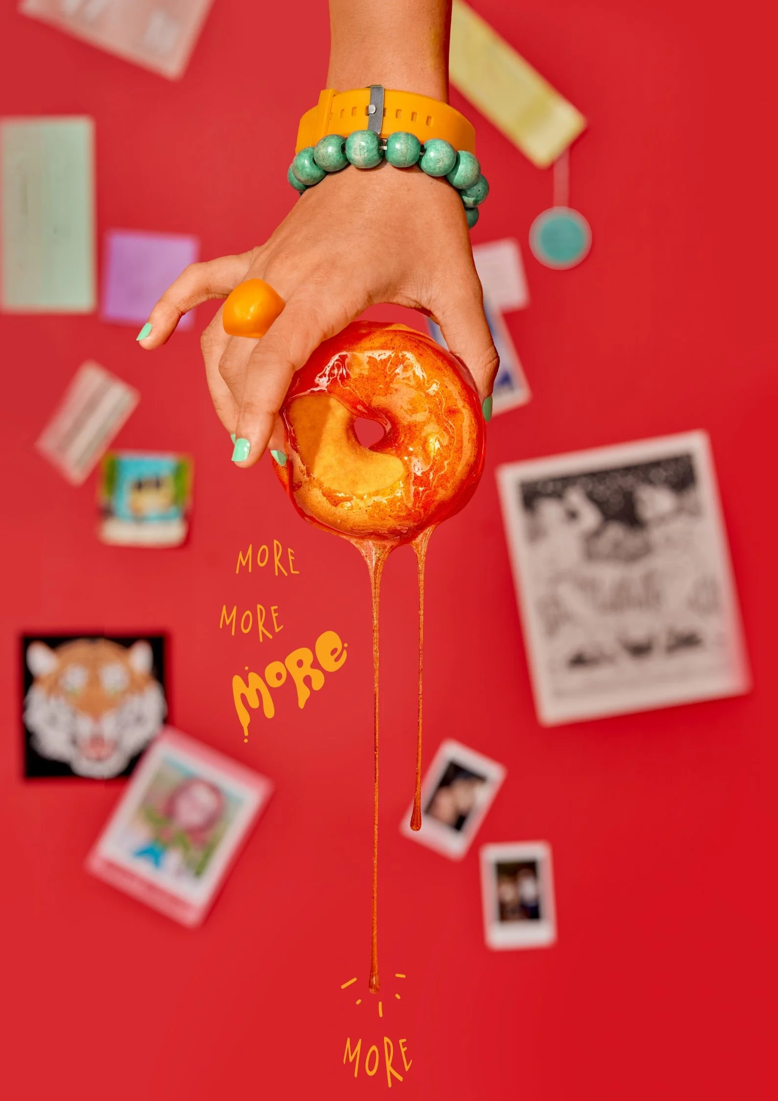 More more more more! Hand holding a dripping hot honeyed donuts 
