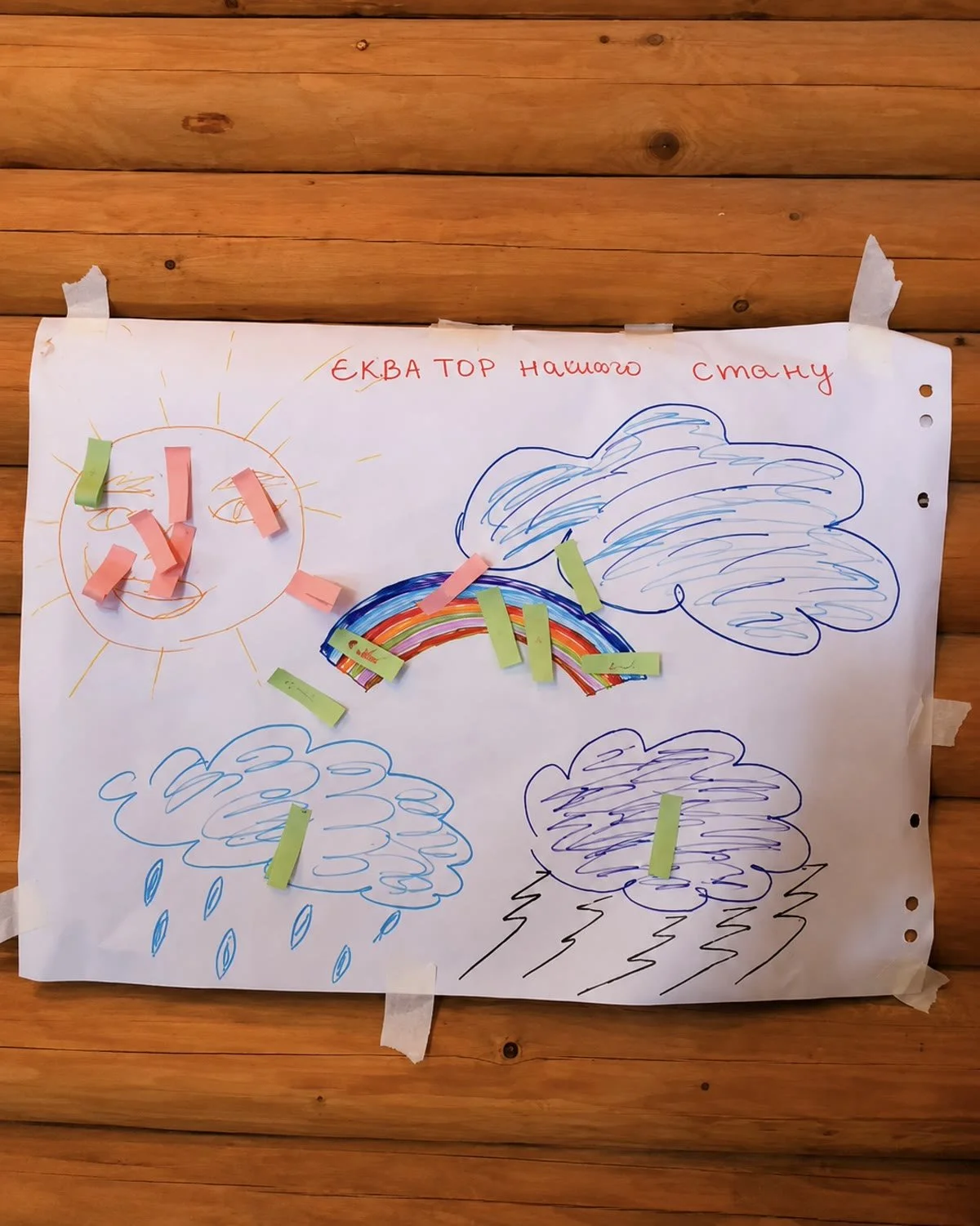 A poster taped to a log wall, titled in Ukrainian 'The equator of how we feel', with drawings of a sun, a rainbow, a cloud, a rain cloud and a storm cloud. Most paper notes are stuck on the sun and the rainbow; a few are on the clouds.