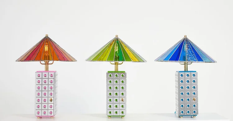 Polished Aluminum Lamp with a Stained Glass Lampshade