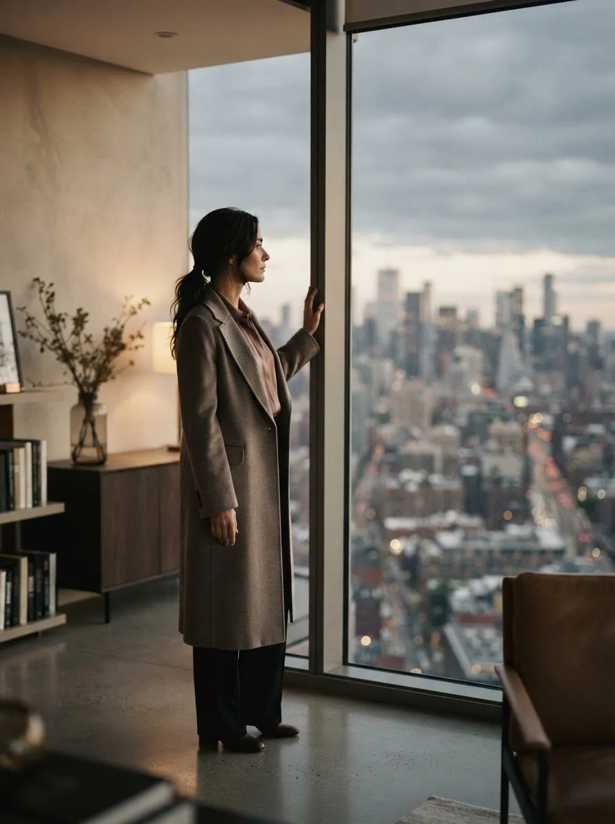 Woman at a window reflecting on what comes next