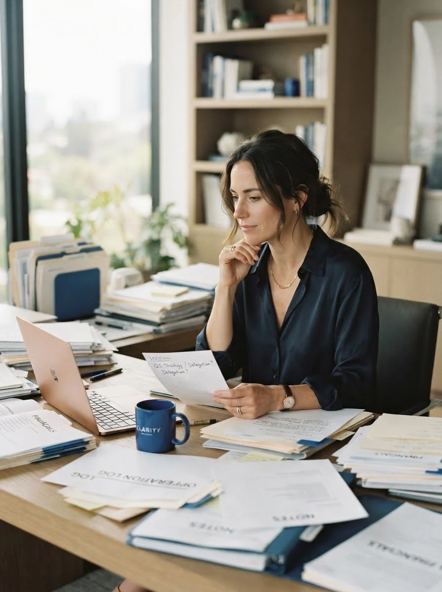 Woman business owner at a desk weighing decisions
