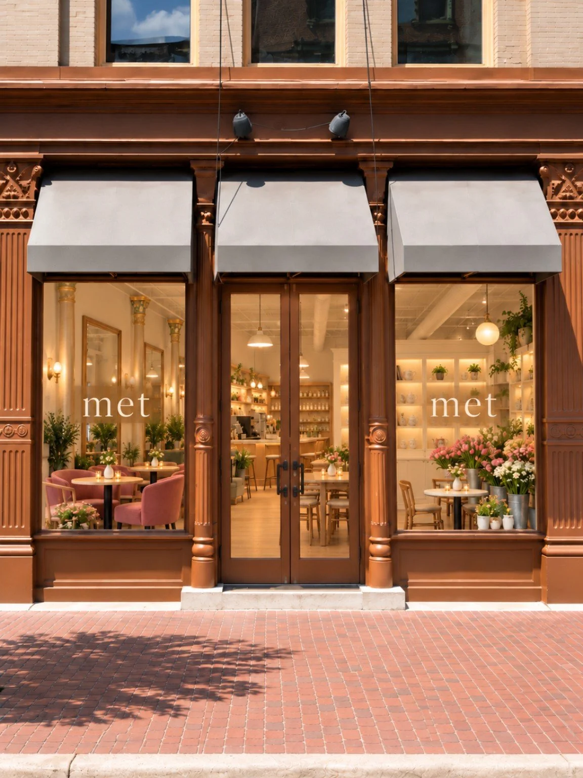 Met storefront concept with a central entrance and tea and flower shop windows