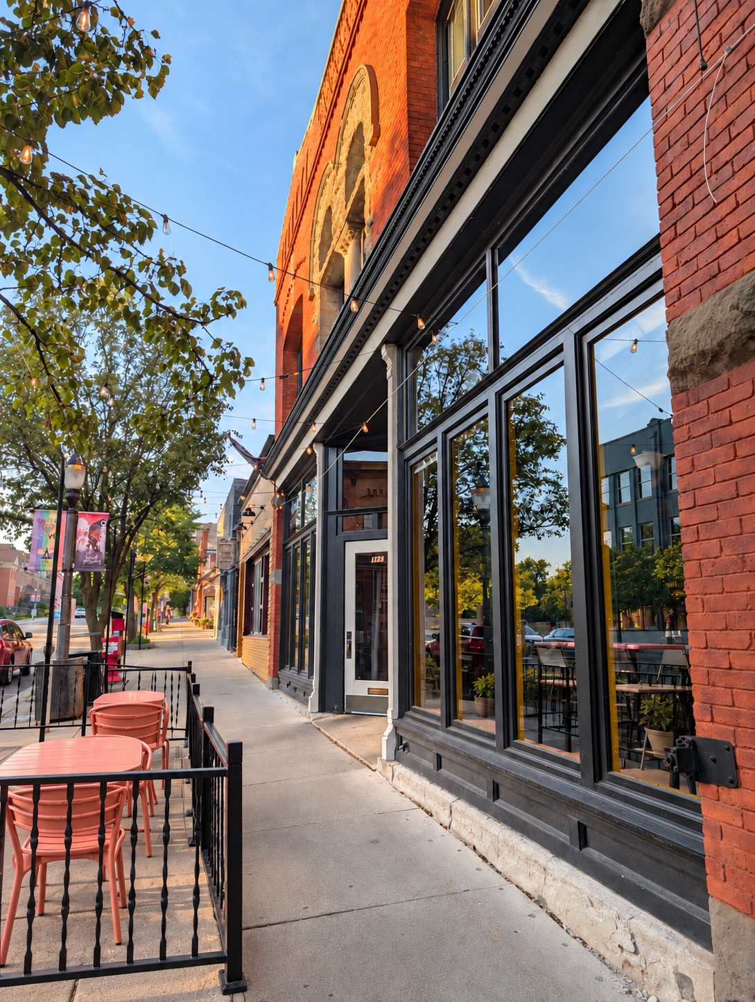Sunlit brick storefronts along a neighborhood sidewalk