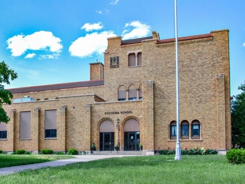 Exterior and main entrance of the former Stocking Elementary School in Grand Rapids
