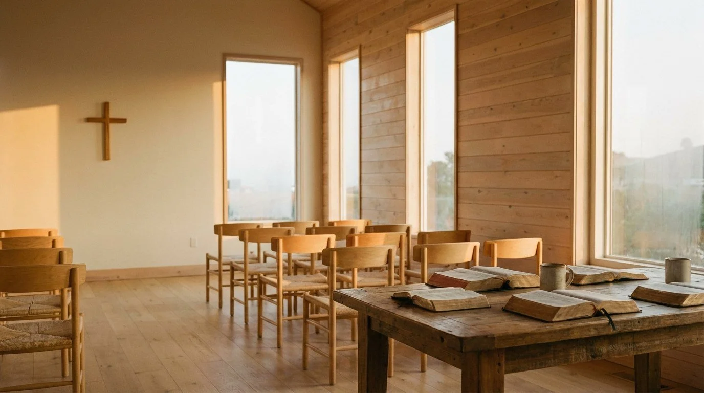 Warm contemporary church sanctuary at golden hour