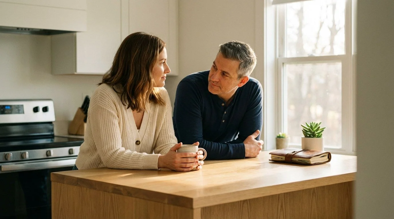 Two people in conversation over coffee