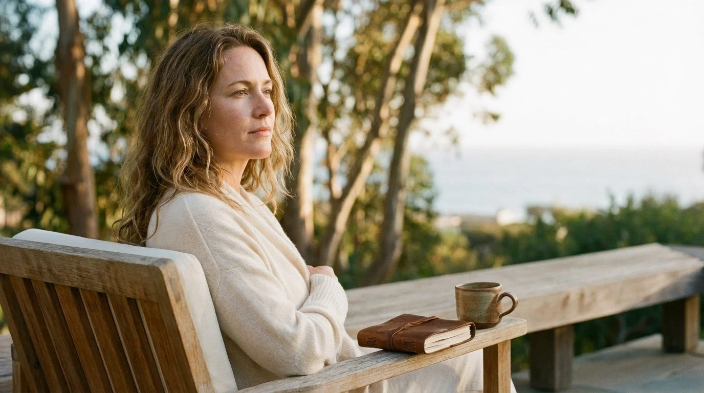 A woman in warm golden light, a journal and coffee beside her