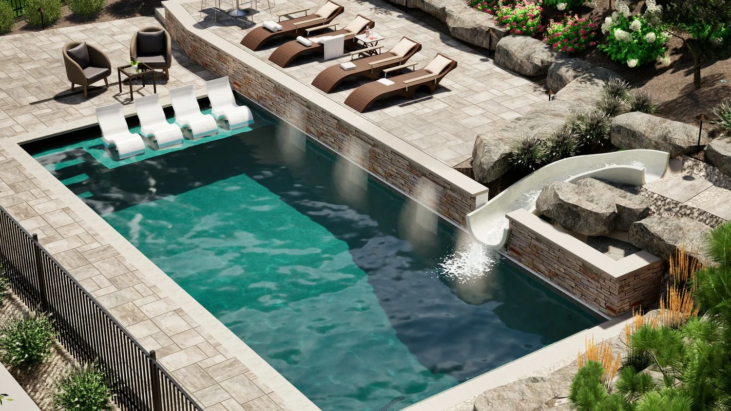 Render of the design: the raised wall, the scuppers and the slide
