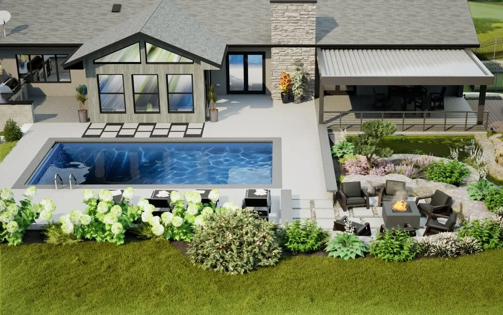 Render of the Koi Cove design from above: the pool, patios, pergola and planting