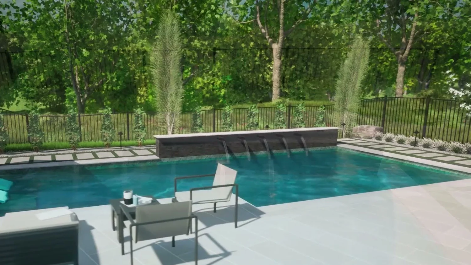 Render of the deck and the pool, with the scupper wall at the far end