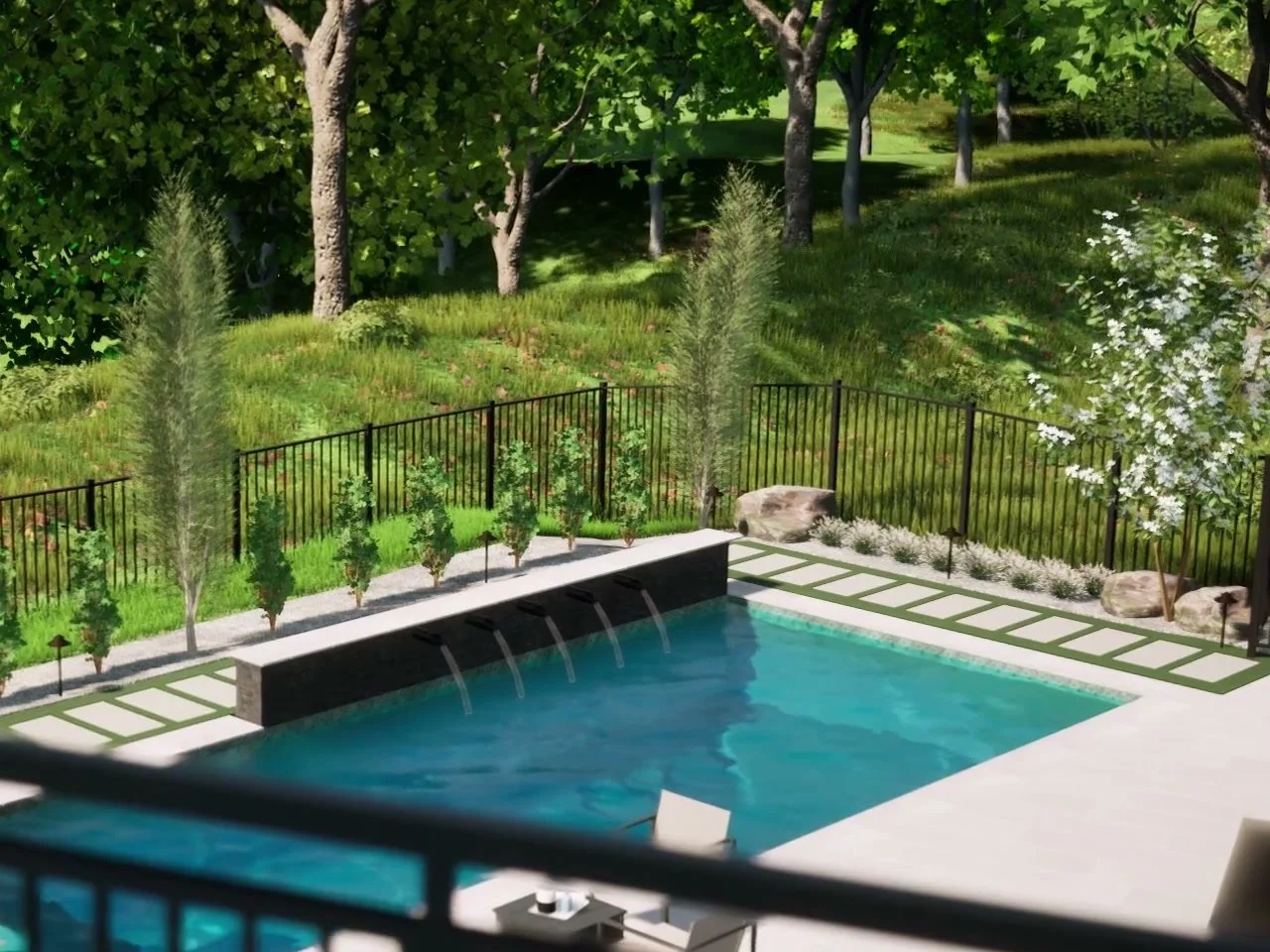 Render looking across the pool to the evergreens along the fence and the slope beyond