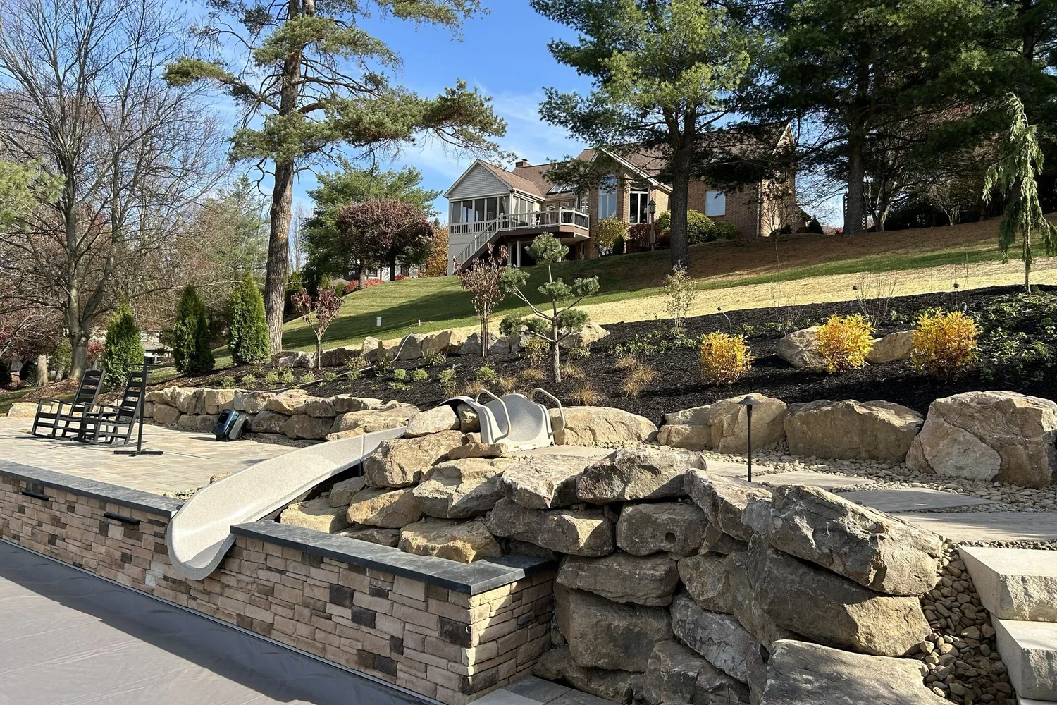 The planted terraces and the stone steps beside the pool