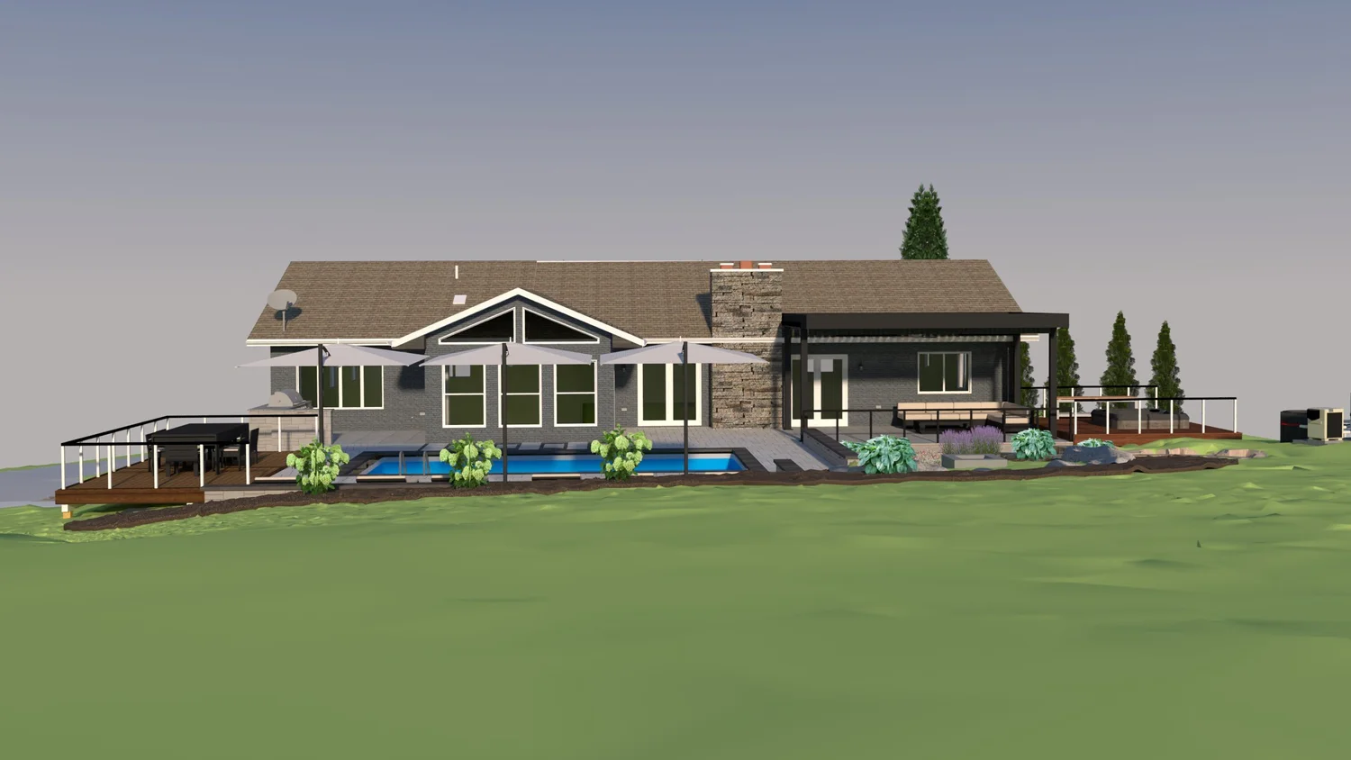The render of the back of the house and the yard
