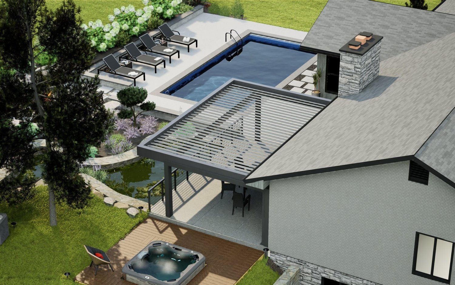 Render of the design: the pergola, the raised spa deck and the pool