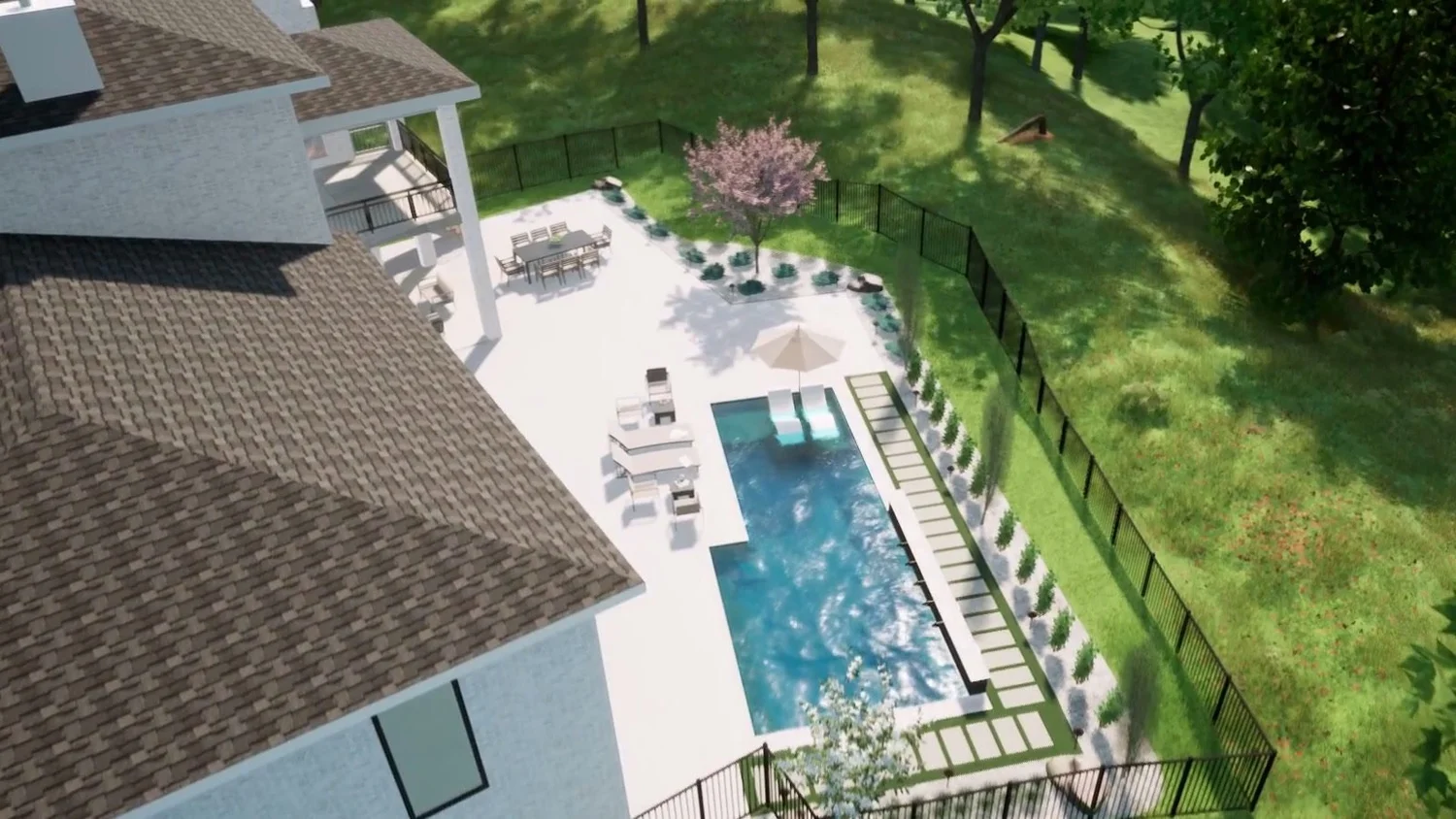 Render of the back yard from the air: the house, the pool along the fence and the lawn on the slope