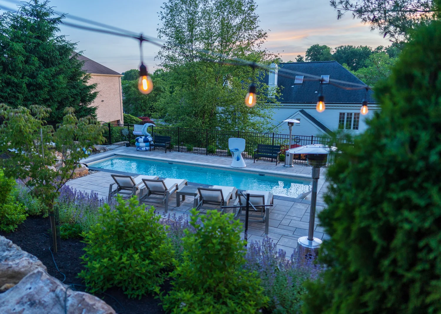 The pool at dusk under the string lights, seen through the planting on the slope above