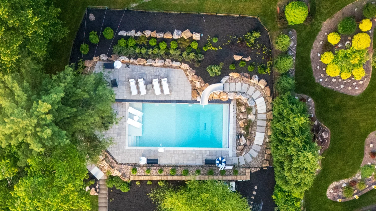 The finished pool terrace from the same point in the air