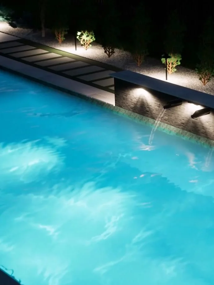 Render of the pool at night, looking along it to the scupper wall and the stepping stones