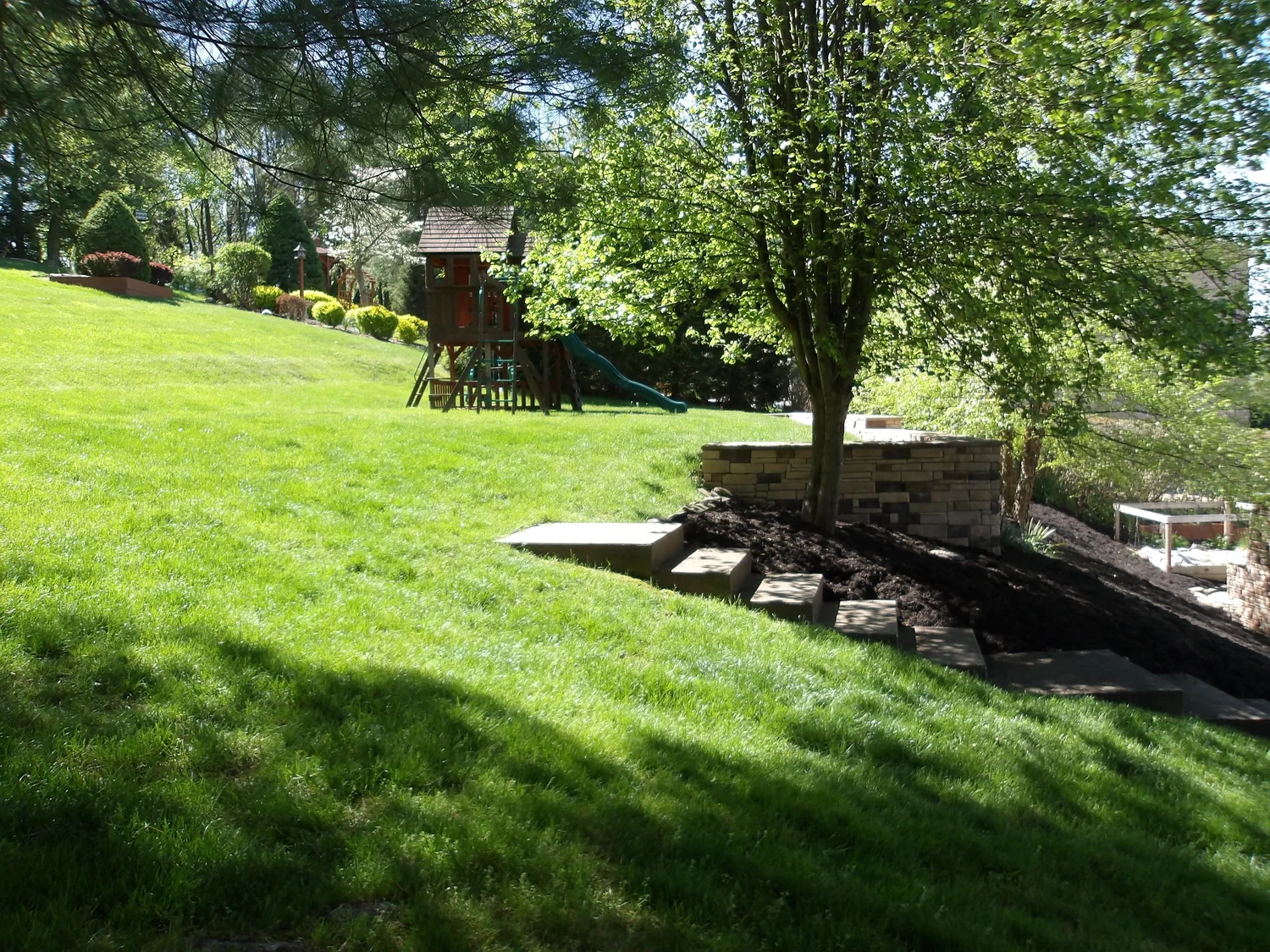 The lawn at the top of the bank before work began, with the old steps and the swing set