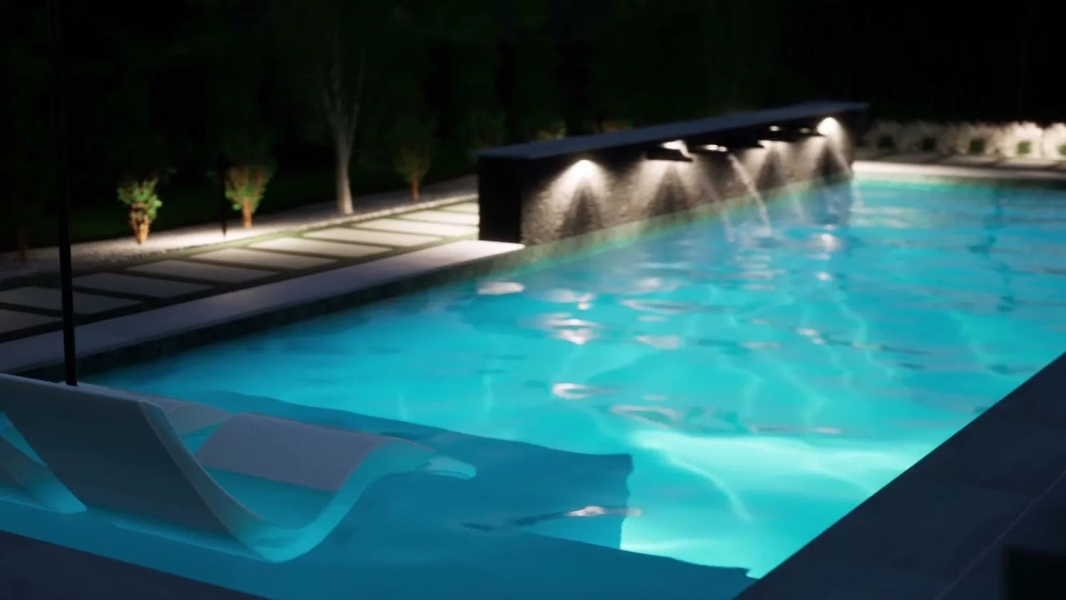 Render of the pool at night, with the scuppers lit