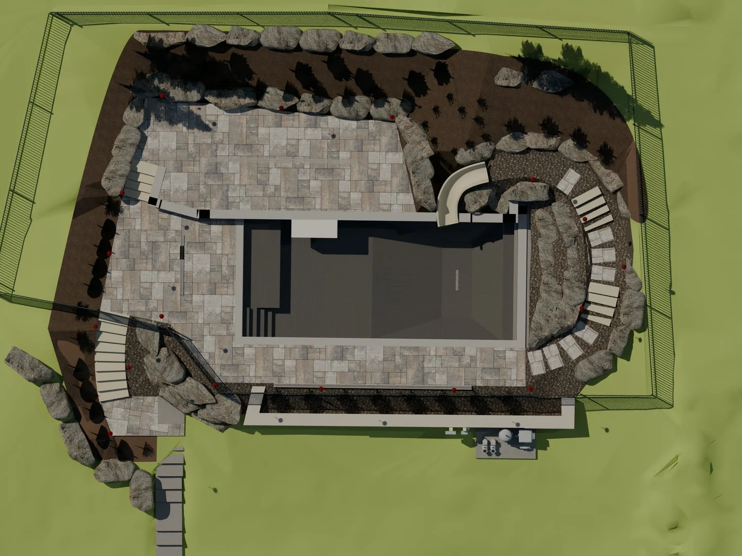The design model from directly above: the pool, the raised wall, the slide, the steps and the planting