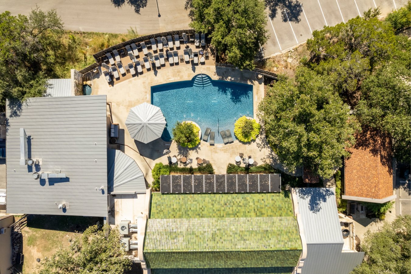 Aerial view of hotel pool and buildings