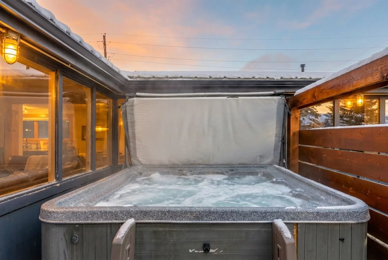 The outdoor hot tub at sunrise, snow on the fence