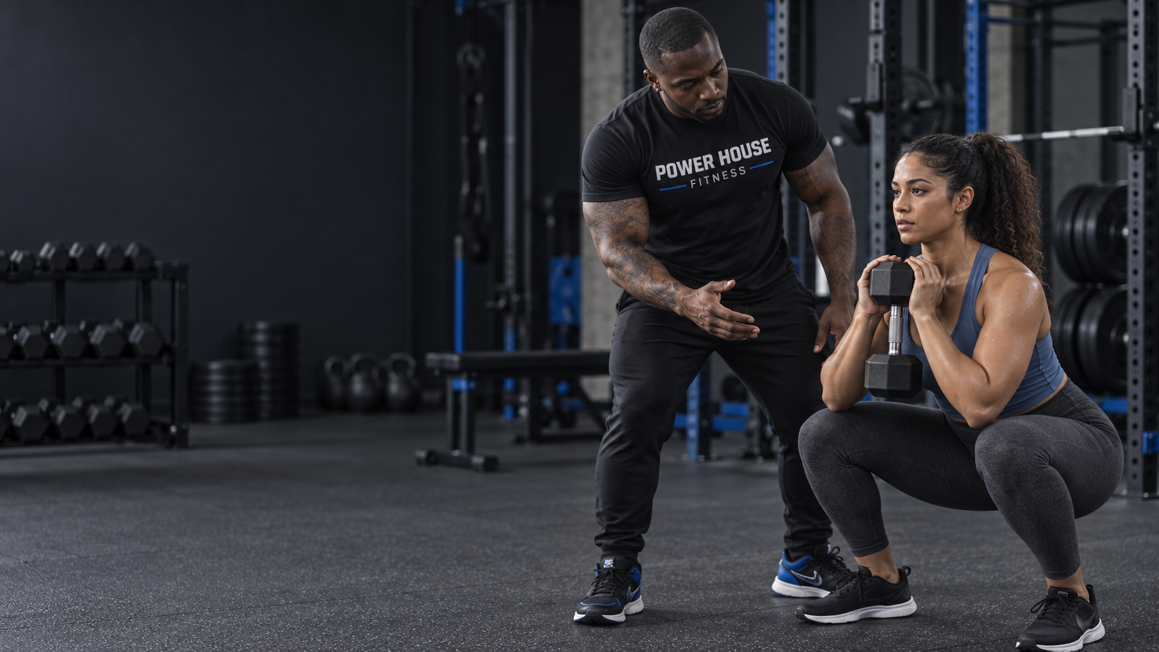 Generated image of Dushane in a Power House Fitness shirt coaching a client through a goblet squat