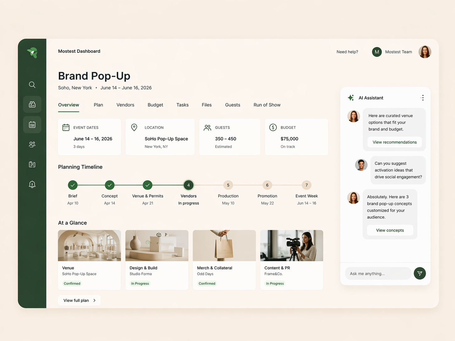 Mostest AI dashboard for a brand pop-up event
