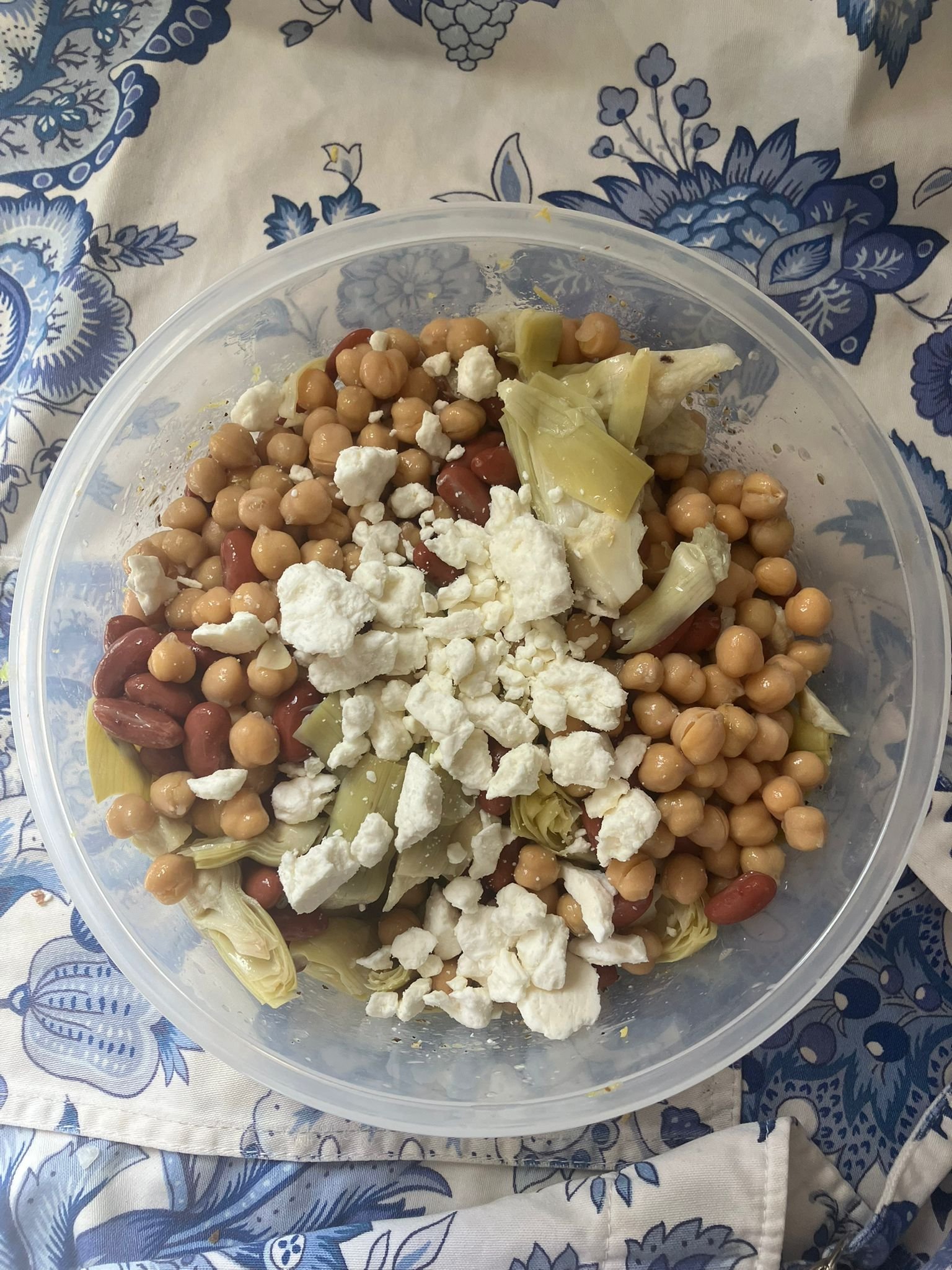 Overhead view of bean salad in bowl