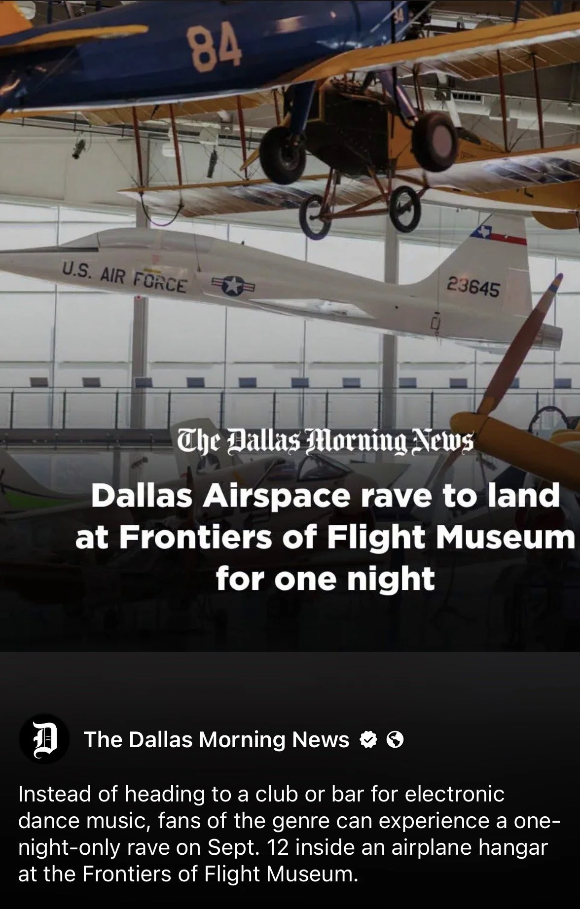 The Dallas Morning News: Dallas Airspace rave to land at Frontiers of Flight Museum for one night