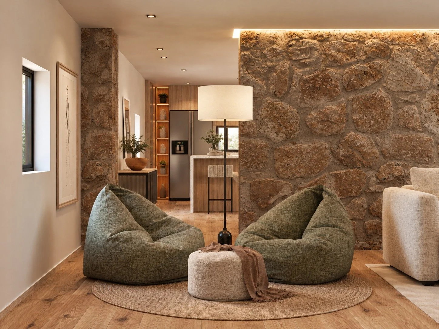 Sala com pedra natural, madeira e pufes verdes — Sandrina Rodrigues Interior Design