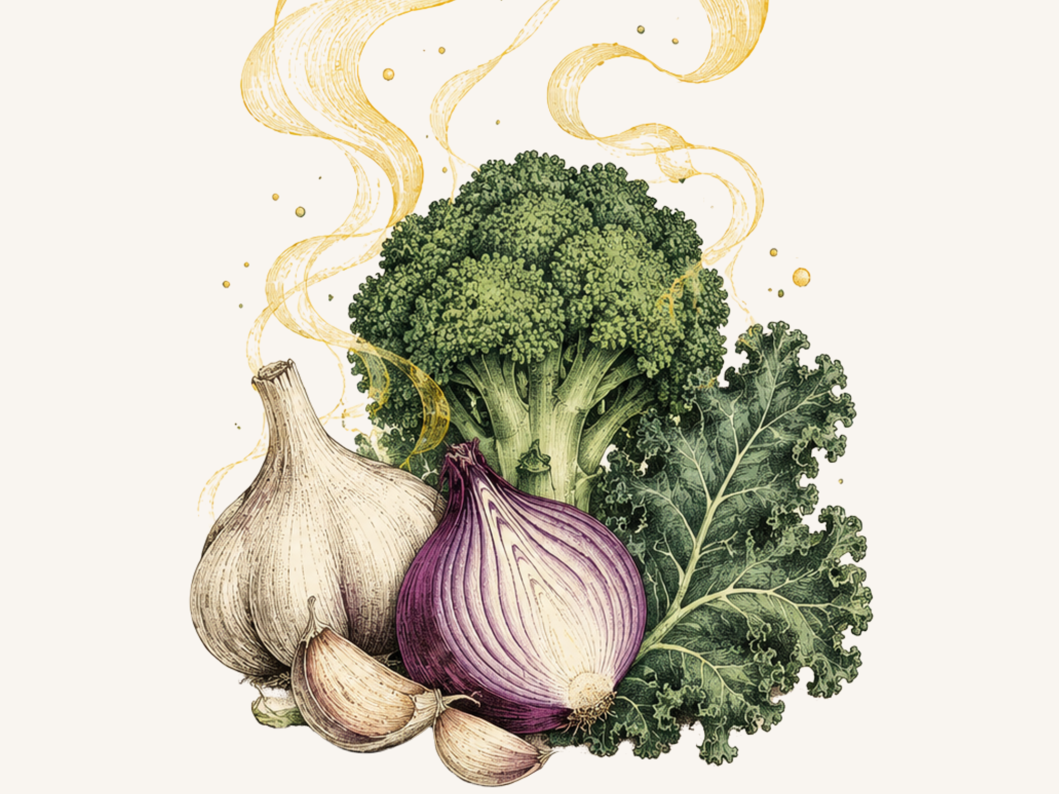 Illustration of a garlic bulb and cloves, a halved red onion, broccoli and curly kale, with golden wisps rising from them to represent sulfur