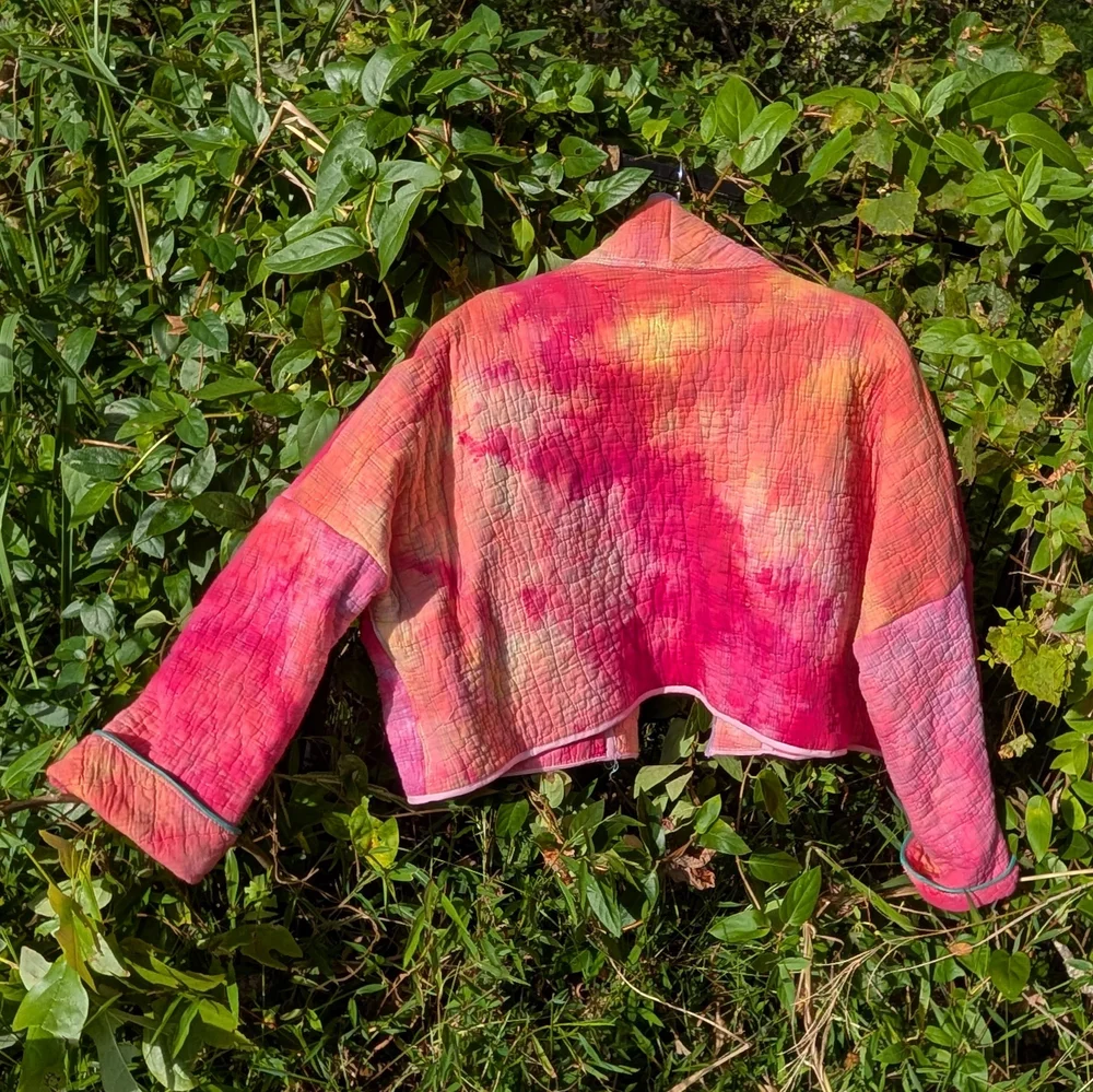 Back view of a quilt coat tie-dyed with Procion fiber-reactive dyes